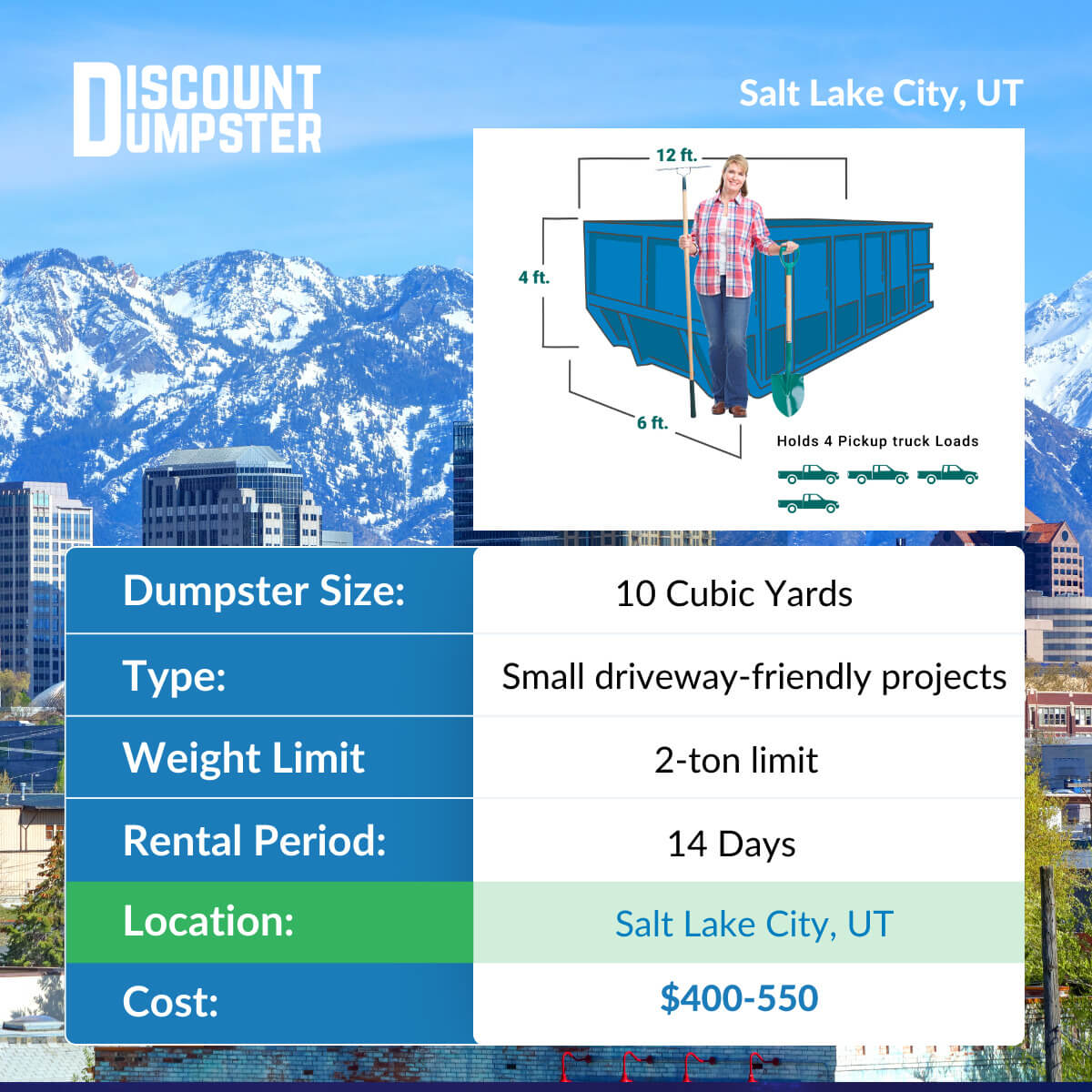 10-yard dumpster rental pricing chart for Salt Lake City, Utah