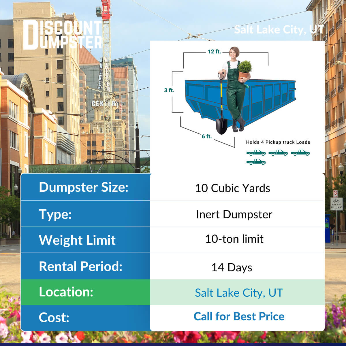 Inert dumpster rental pricing chart in Salt Lake City, Utah