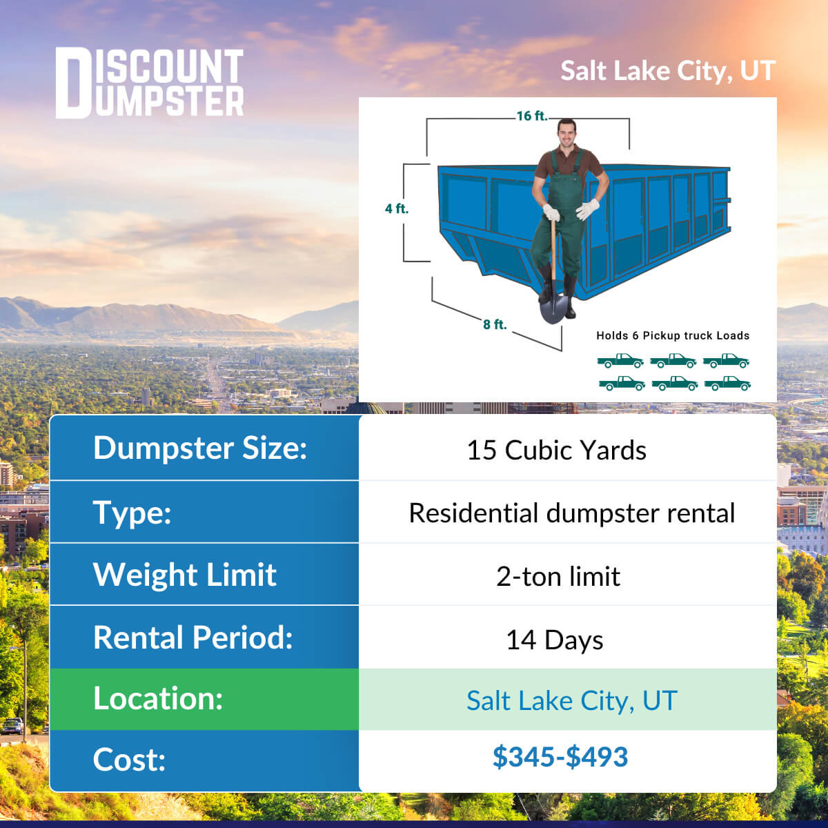 15 Yard dumpster rental pricing in Salt Lake City Utah Pricing Chart