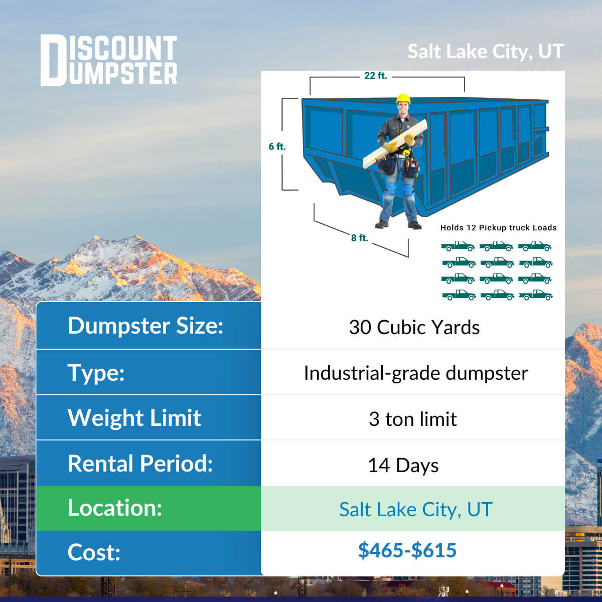 30-yard dumpster pricing chart for Salt Lake City, Utah