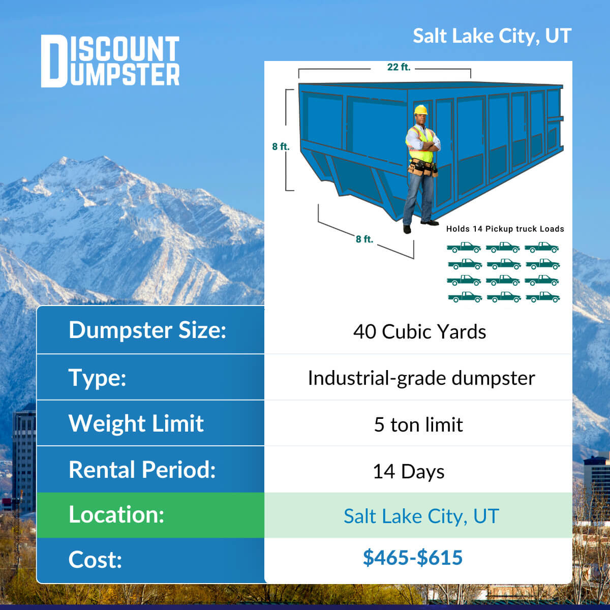 40-yard dumpster rental pricing chart for Salt Lake City Utah