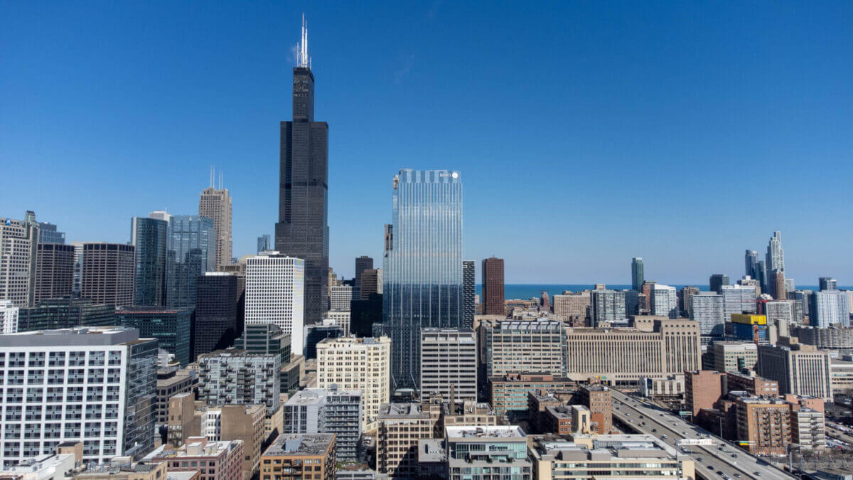 A photo of the Chicago skyline featuring BMO Tower