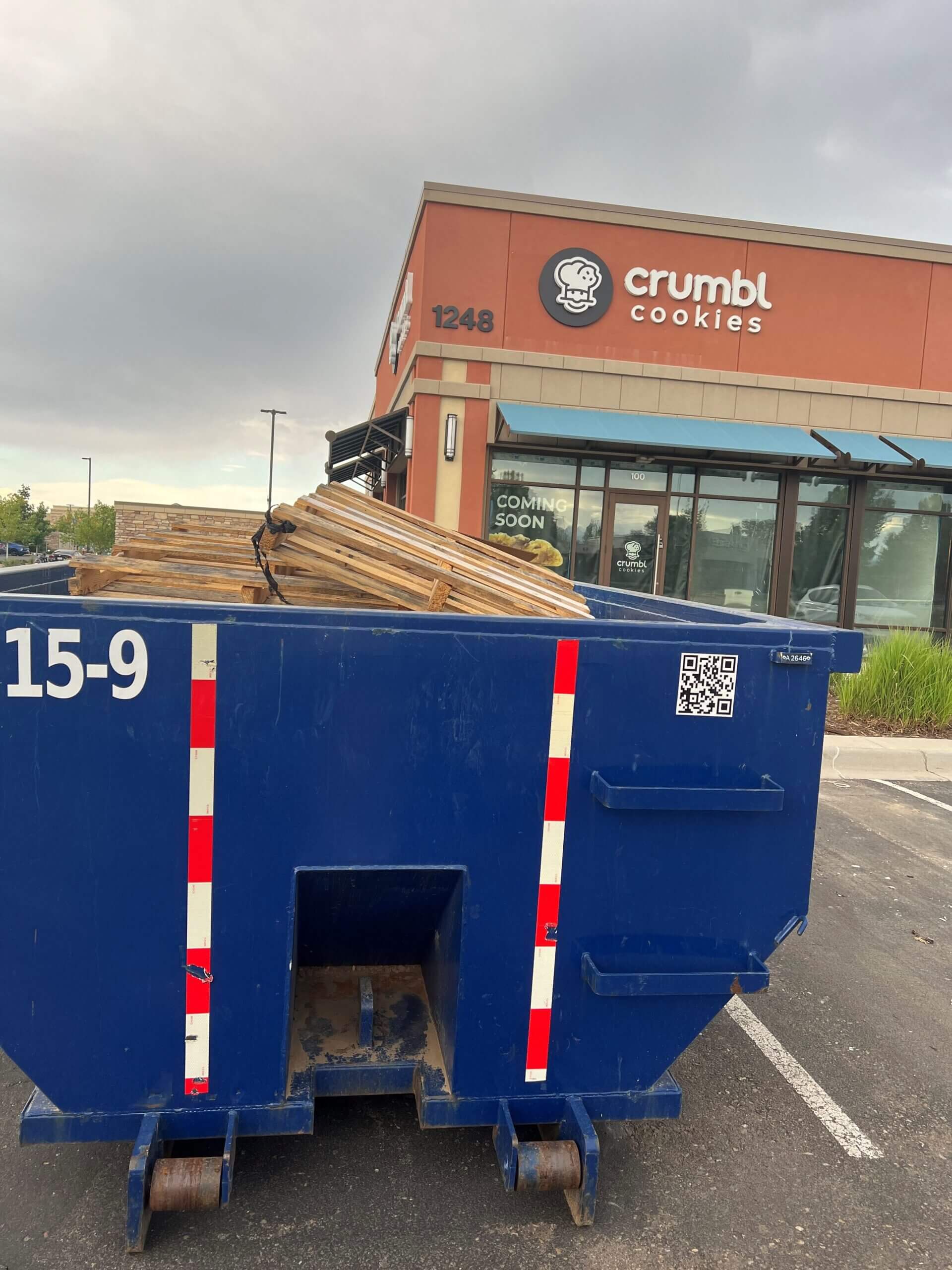 Photo of a blue dumpster rental in Denver, CO, holding plywood